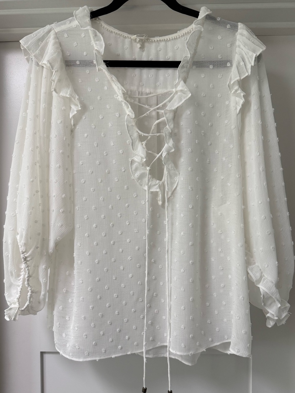 Anthropologie White Swiss Dot Ruffle Lace-Up Blouse